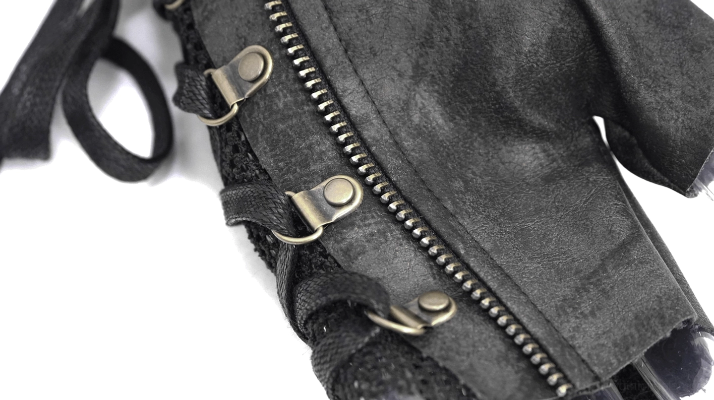 Gothic fingerlose Handschuhe mit Mesh-Panelen und dekorativen Metallbuckle-Riemen - Alternative Goth-Handschuhe