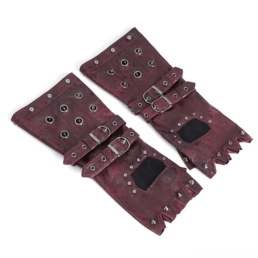 Draufsicht flat-lay gothic fingerlose handschuhe mit metallösen, schnallengurten, ausgefransten fingerkanten und burgundy leder-textur