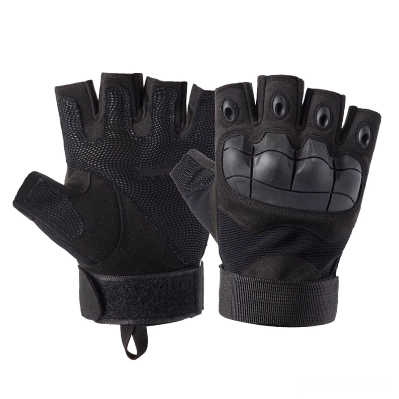Schwarze halbe Finger taktische Combat-Handschuhe, Frontalflachansicht mit schwarzer Rüstung und verstellbarem Klettverschluss