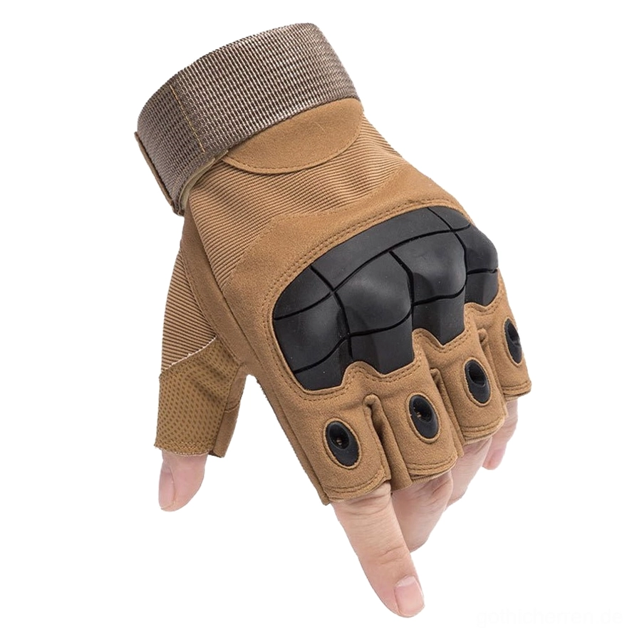Taktische fingerlose Handschuhe von mehreren Winkeln, Gesamtansicht des Schutzdesigns und der Handgelenksstützenkonstruktion