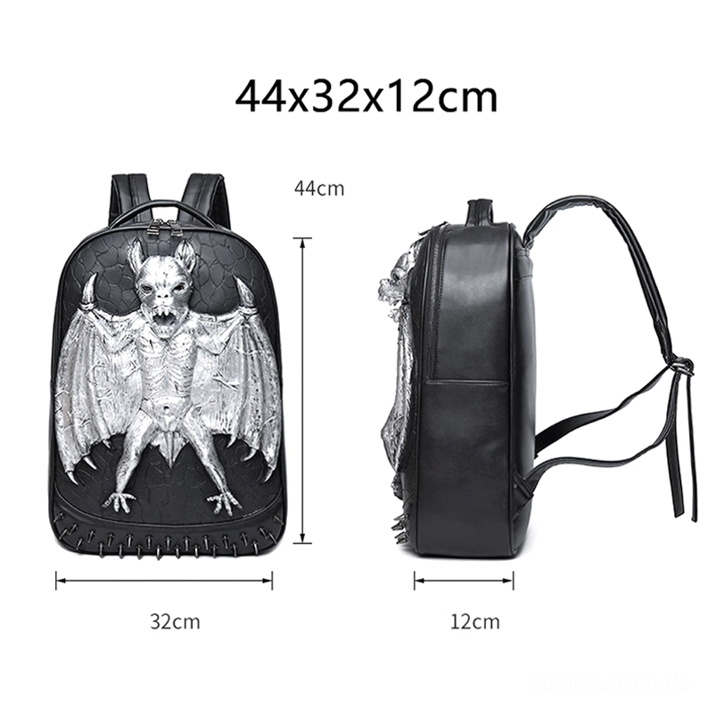 Gothic Fledermaus Rucksack Größentabelle mit Abmessungen 44x32x12cm in Zentimetern und Zoll für korrekte Größenwahl