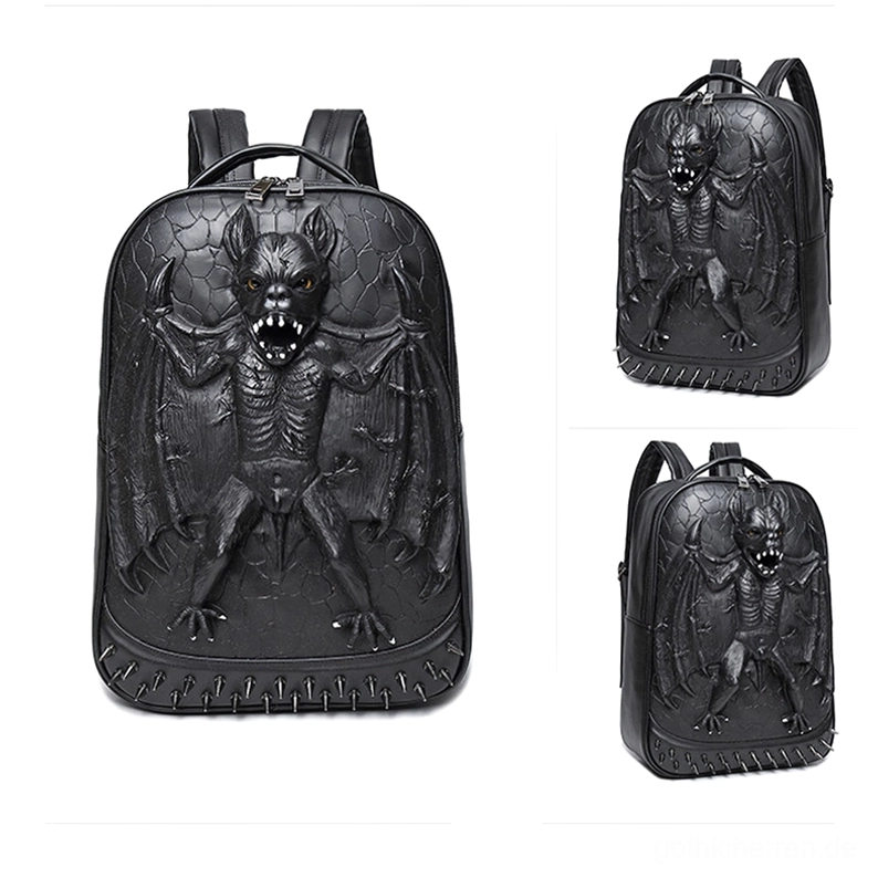 Schwarzer Gothic Fledermaus Rucksack Mehrwinkel-Ansicht mit geprägt-durchgehobenes Fledermaus-Motiv und Industrie-Hardware