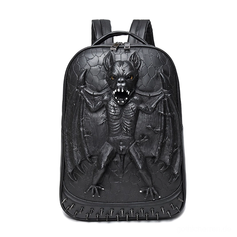 Schwarzer wasserdichter Gothic Fledermaus Rucksack mit glänzendem 3D-Relief-Design und Metallnieten-Verzierungen