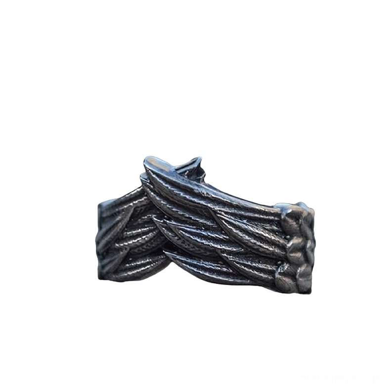 Dunkler Edelstahl Flügel Ring linke Seitenprofilansicht mit intricate Federschnitzerei und vintage gotischem Design vollständig sichtbar