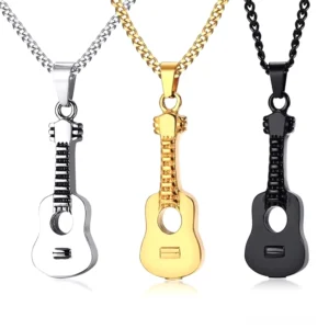 Gothic Gitarren-Urnen-Halskette in drei Farben – schwarz matt, silber poliert und gold – komplettes Set mit 60cm Edelstahl-Kette, perfekt für alternative Mode und Gedenkschmuck