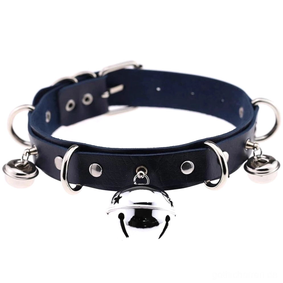 Marineblau Gothic Glockenchoker mit Sternglocke und Metallringen - Hardware verstellbares Leder Halsband