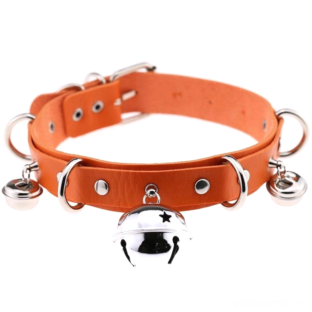 Orange PU-Leder Gothic Glockenchoker mit silbernen Nieten und verstellbarem Halsriemen - alternative Mode Accessoire