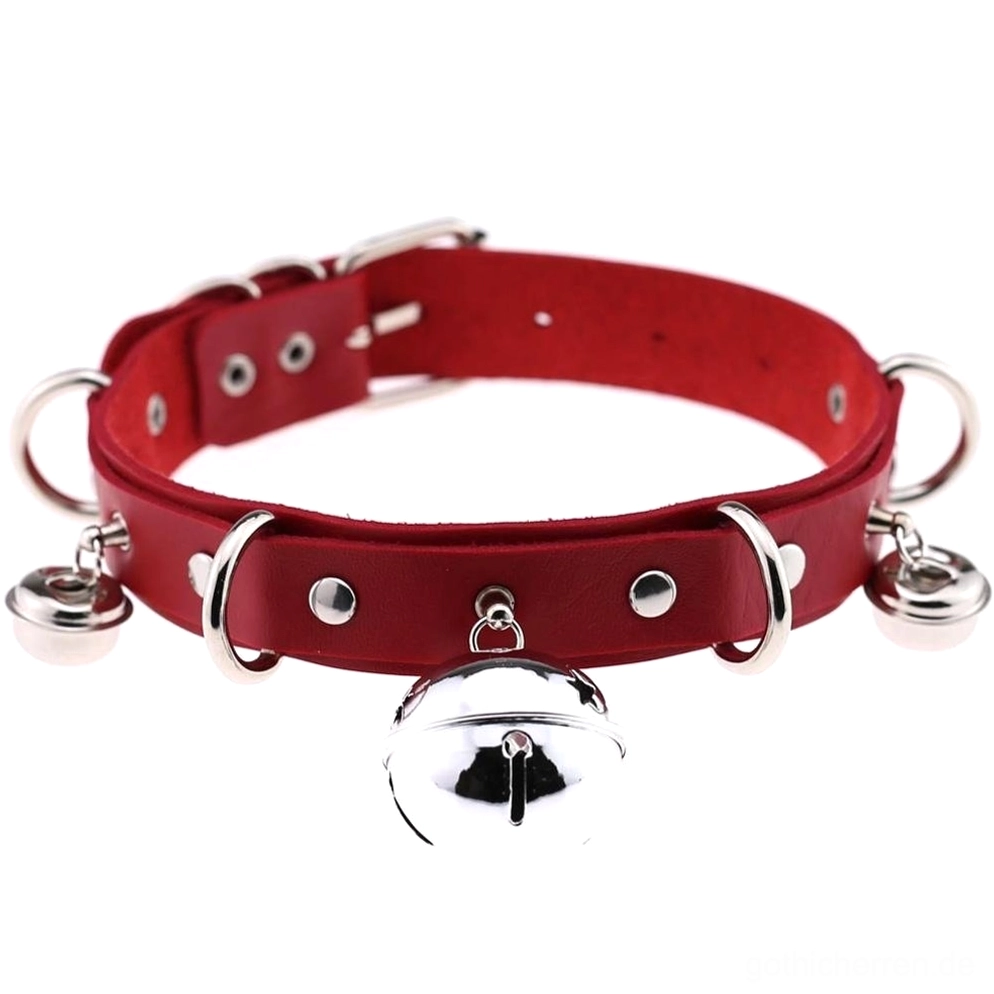 Rotes PU-Leder Gothic Glockenchoker mit Metallnieten und silberner Glockenpendel - verstellbares Halsband