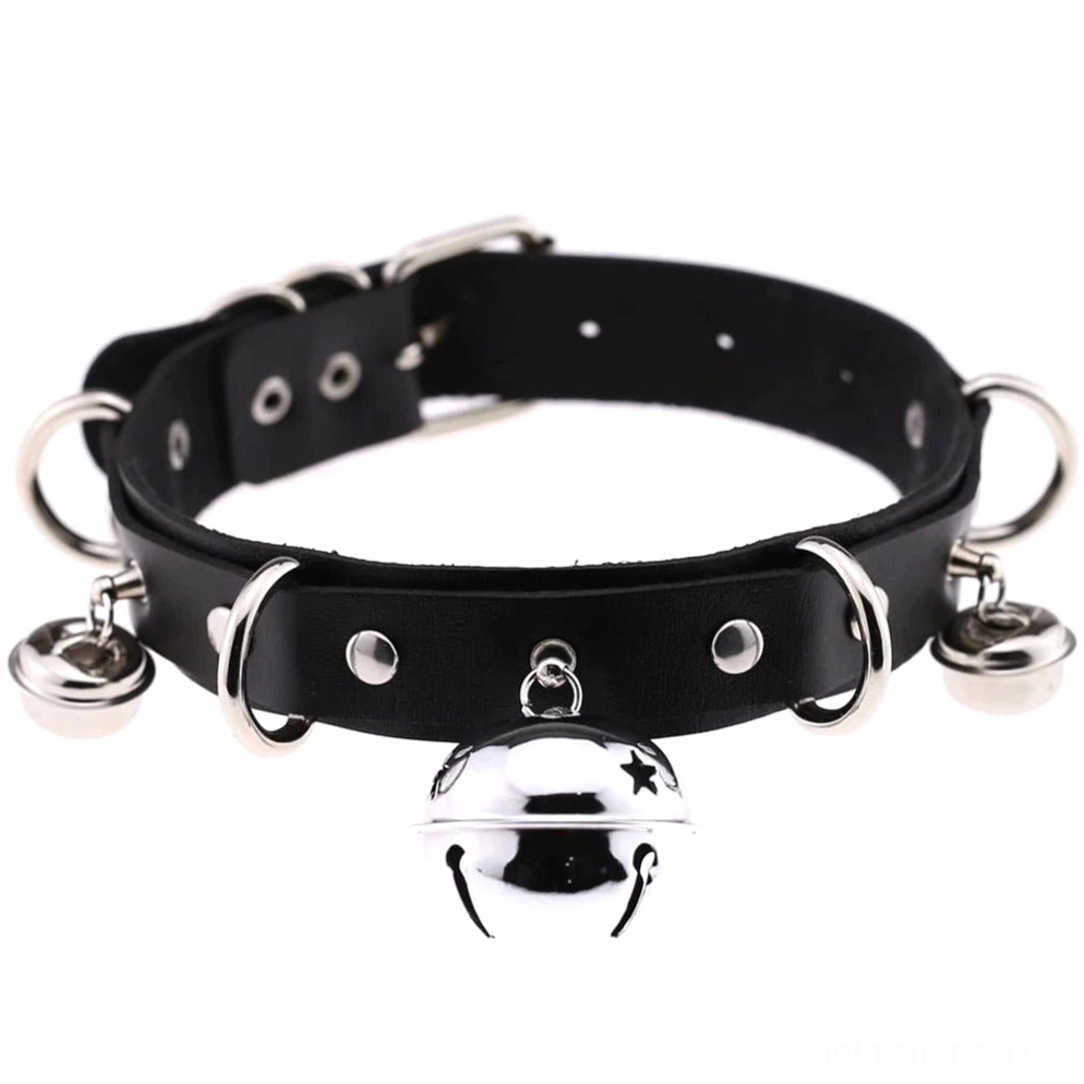Schwarzes PU-Leder Gothic Glockenchoker mit Sternglocke und Metallhardware - verstellbares Halsband Flachlage Ansicht