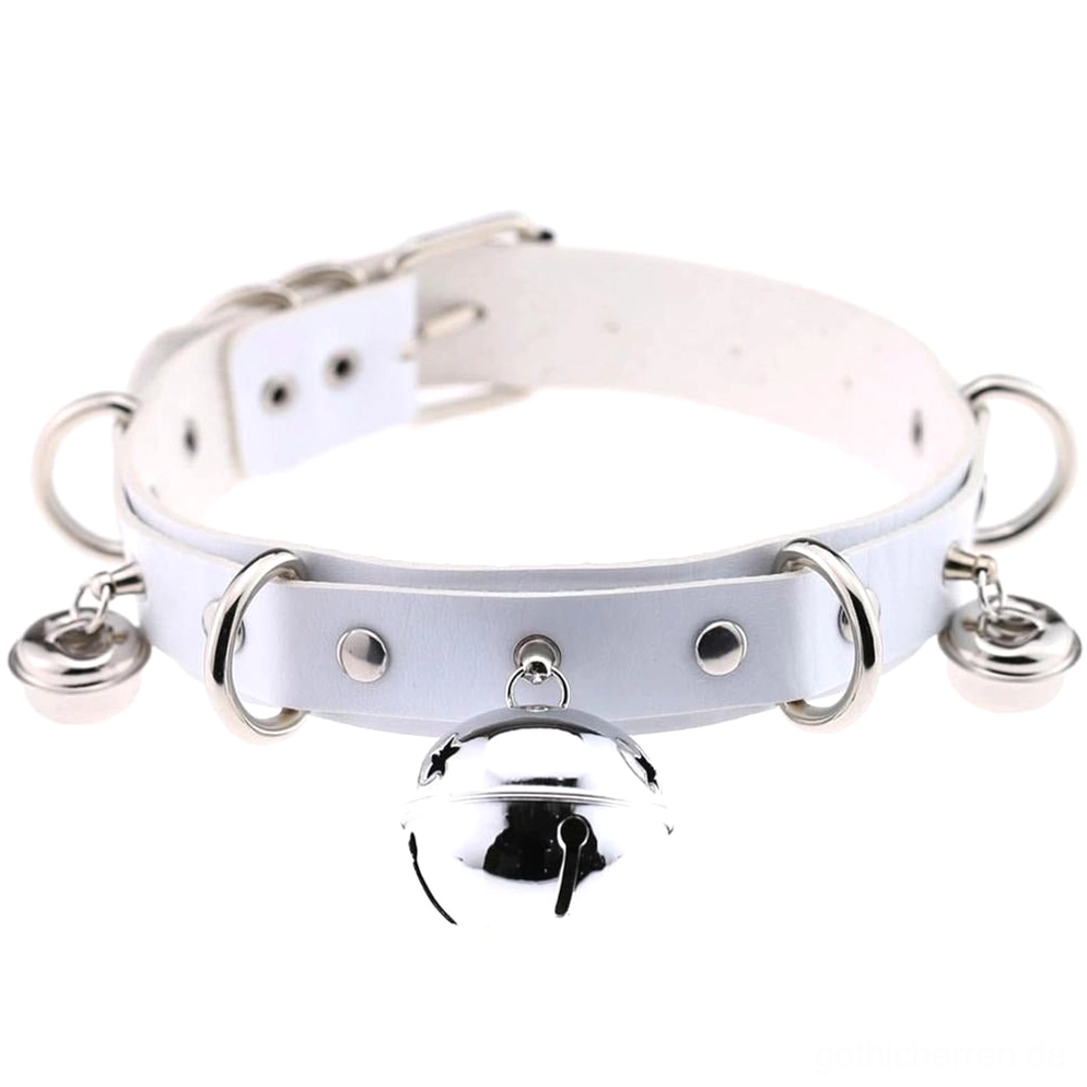 Weiß PU-Leder Gothic Glockenchoker mit Metallhardware und Glocke - unisex Halskette Flachlage