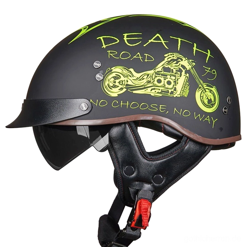 Schwarzer Gothic Half-Face Motorradhelm mit neon-grüner Grafik und rote Schnellverschluss-Schnalle Vorderansicht drei-Viertel-Blick DOT zertifiziert