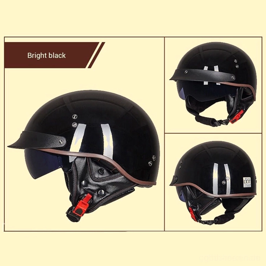 Vintage schwarzer Half-Face Motorradhelm Mehrwinkel-Produktansicht mit Quick-Release Schnalle und ABS-Schale