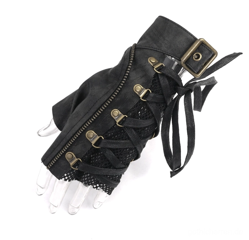 Einzelner schwarzer Gothic Handschuh Seitenansicht - Funktionaler Reißverschluss und Schnürdetail von der Seite