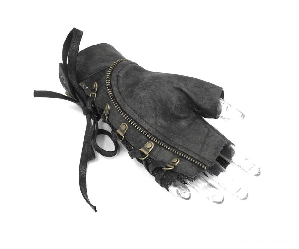 Gothic Handschuh Seitenprofil - Lace Straps und Metallbeschlag Hardware Detailaufnahme