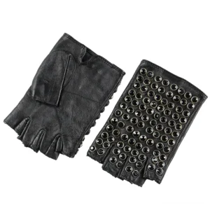 Fingerlose Ledergotik-Handschuhe mit Metallnietenverzierung, Seiten- und Frontansicht zeigt Nietenmuster und einfaches glattes Lederrücken-Design, schwarz