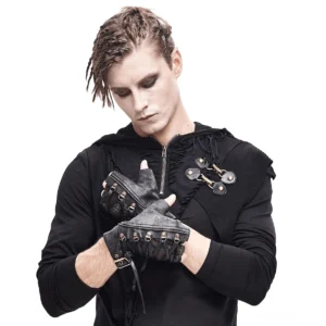 Detailaufnahme Gothic Handschuhe - Lace-Up Mesh-Design mit Metallnieten und Grommet-Schnürsystem nahaufnahme