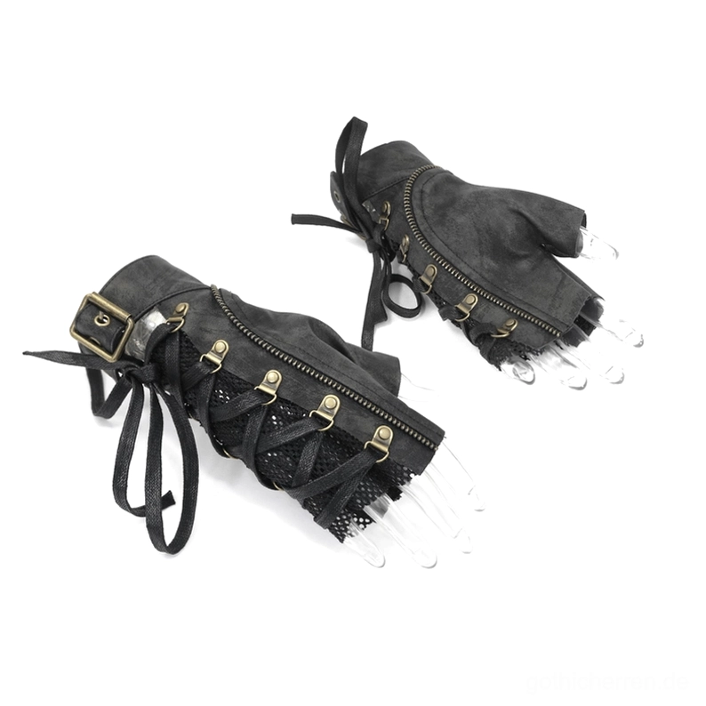 Paar schwarze Gothic Handschuhe mit Buckle-Riemen und Bronze-Nieten - Gothic fingerlose Handschuhe Flachansicht