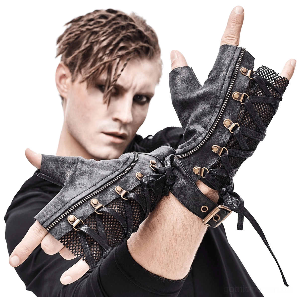 Paar schwarze Gothic Handschuhe vollständiges Design - Schnürung, Nieten und Buckle-Details Komplettansicht