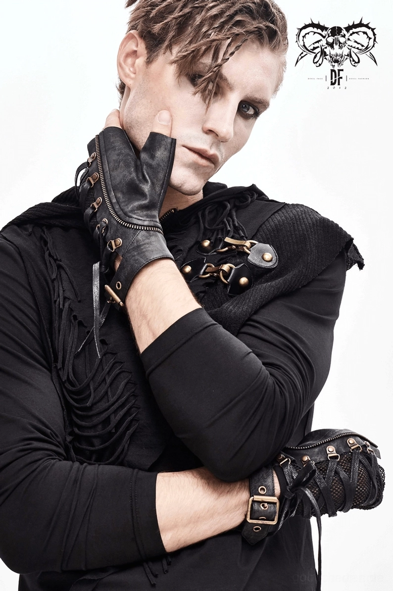 Schwarze Gothic Handschuhe mit dekorativem Reißverschluss und industriellem Metalldetail