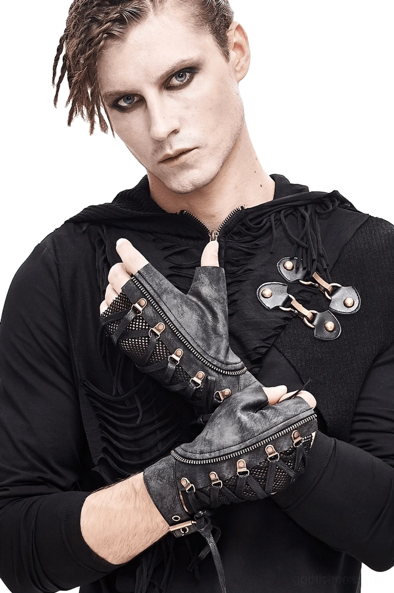 Schwarze Gothic Handschuhe mit Schnürung und Mesh vor Modelaufnahme - Gothic Herrenschuhe mit Nieten und Buckle-Detail von vorne