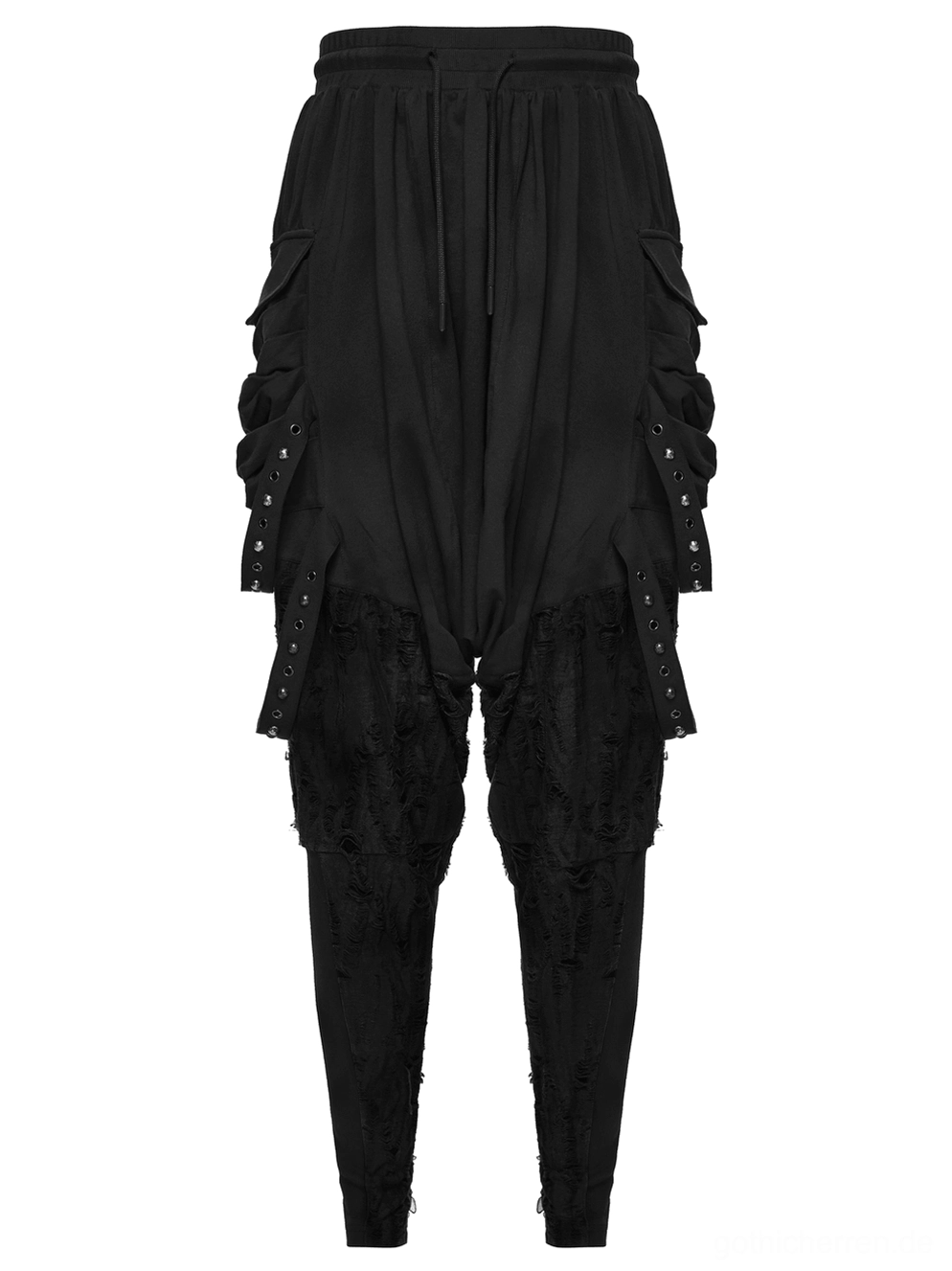 Einzelne schwarze Gothic-Haremshose flach Rückansicht Dreiviertel-Blick mit geraffte Cargo-Taschen und Metallnieten-Akzenten