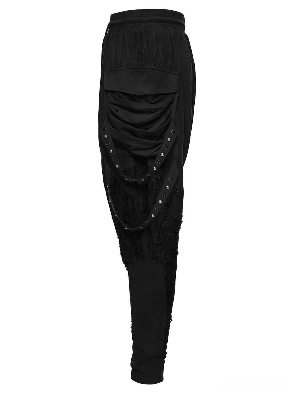 Schwarze Gothic-Haremshose rechte Seitenansicht mit Kettenbesatz, drapierte Hüftstoffe und Ösen-Nieten-Akzente für Industrial-Look
