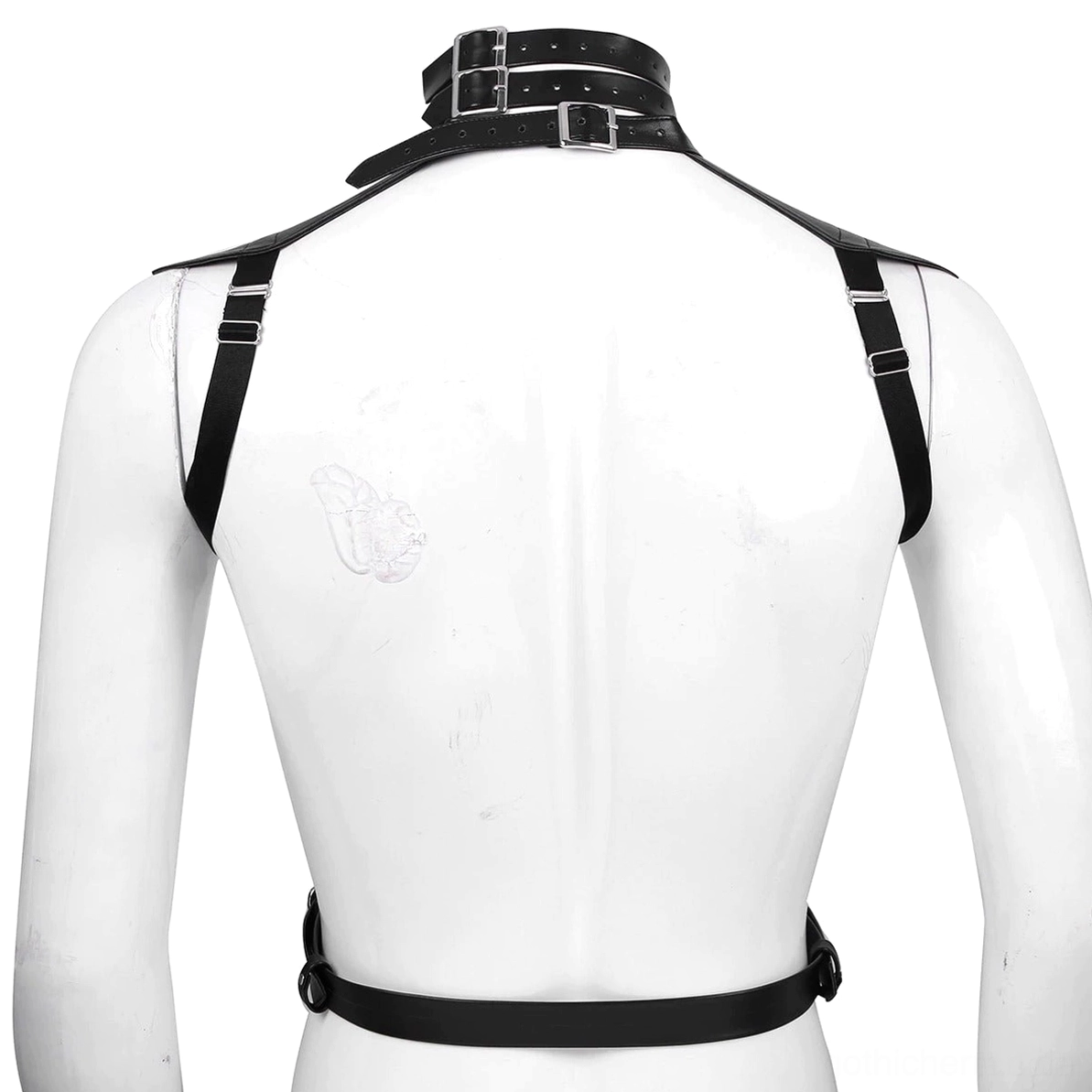 Gothic Kunstleder Harness Rückansicht auf Mannequin verstellbare Schulterriemen Nacken-Schnallenverschluss und Taille-Sicherungsriemen sichtbar