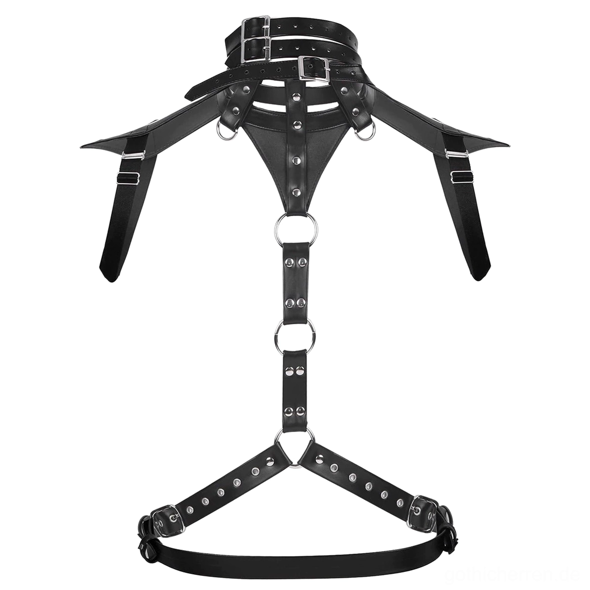 Seitenansicht Flach-Aufnahme Gothic Harness Schulterpolster-Details zentral gestudded-Strap-Konfiguration Kunstleder-Textur sichtbar