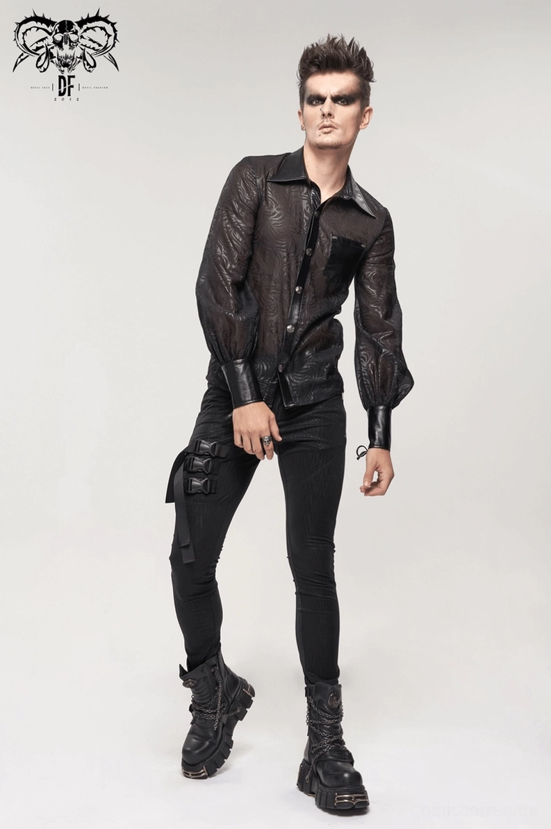 Schwarzes Jacquard-gotisches Hemd Ärmel- und Schulter-Detail zeigend Laternenmärmel-Konstruktion und transparentes Mesh-Weave-Muster