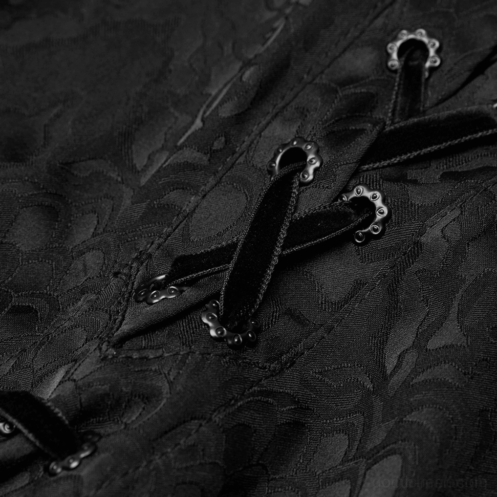 Nahaufnahme des Samtvlies-Schnürausschnitts – verzierte Metallösen und Damast-Jacquard-Stoffdetail