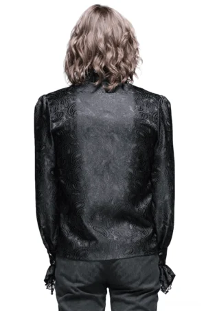 Rückansicht des Gothic-Herrenhemds mit durchgehend schwarzem Jacquard-Gewebe und eleganten Spitzenmanchetten auf männlichem Model