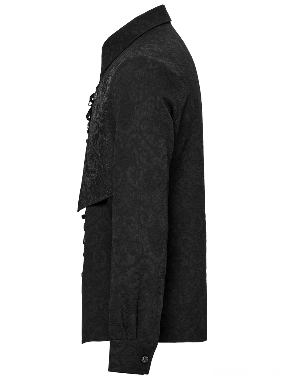 Gotisches Schnürhemd Seitenansicht tailliert viktorianischer Kragen strukturierte Silhouette Damast-Jacquard