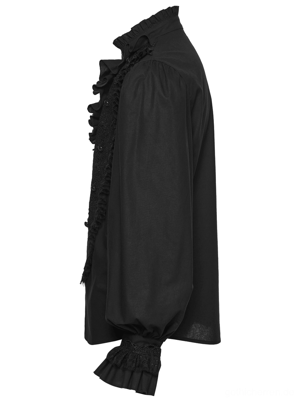 Gothic Rüschenhemd Seitenansicht Flachlage – schwarze Laternärmels mit gerüschten Manschetten und dekorativen Spitzentrimm-Details