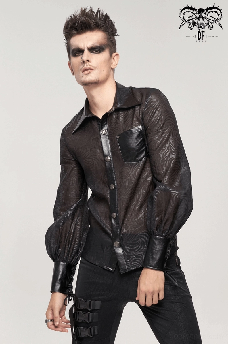 Vollständige Produktansicht des schwarzen transparenten gotischen Jacquard-Hemdes mit Layer-Potenzial und vielfältigen Styling-Winkeln zeigend Vielseitigkeit