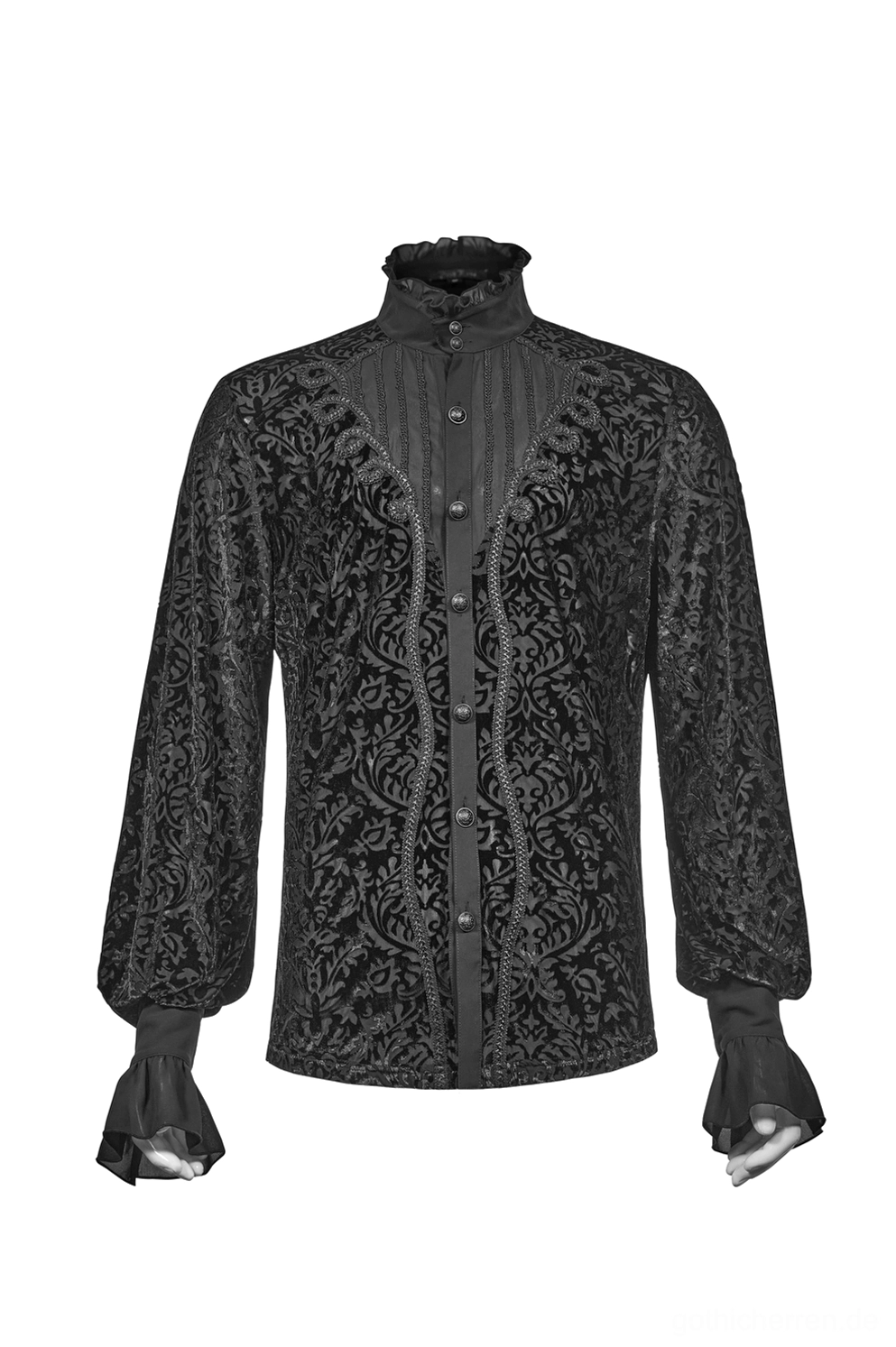 Gothic Hemd Vorderansicht Detail schwarzes laser-graviertes Damast-Samt mit Rüschenmanchetten, Stand-Kragen, Schnürplakette