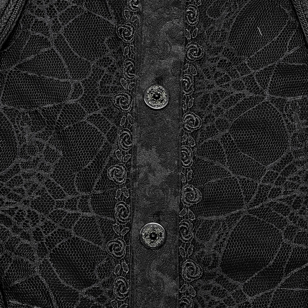 Nahaufnahme des Gothic Hemdes Vorderklöcpchen zeigt antike silberfarbene Knöpfe verzierte Trimm und Spinnennetz Jacquard Lace Gewebe