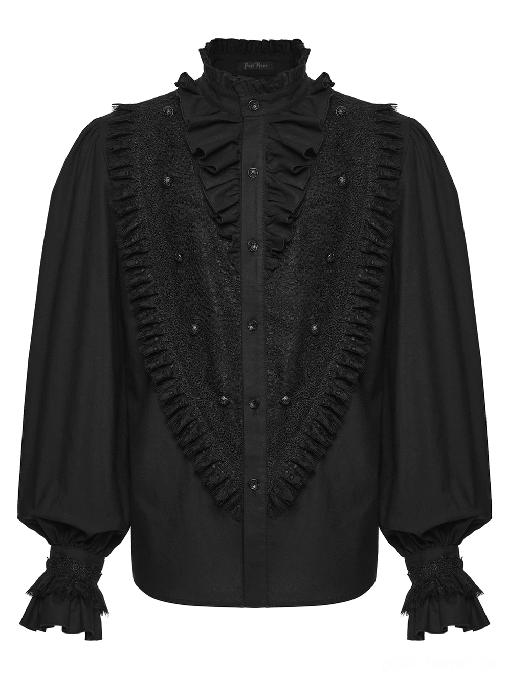 Schwarzes Gothic Hemd Vorderseite Nahaufnahme – herzförmiges Spitzenpaneel mit Knopfleiste und gerüschten Details