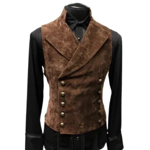 Dunkelbraune Wildleder Gothic Herren Formal Anzugweste auf Schneiderpuppe, strukturierte doppelreihige Silhouette mit viktorianisch inspirierter Schneiderei