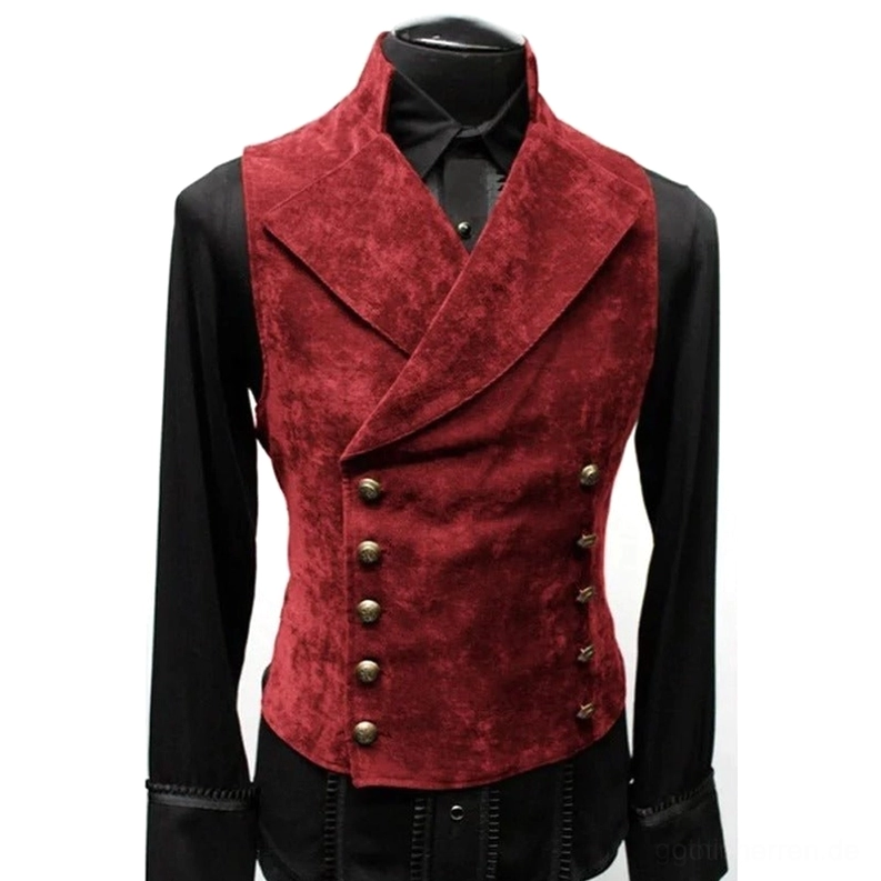 Weinrotes Wildleder Gothic Herren Anzugweste mit Vintage-Messingknöpfen, vampirische Sophisikation formales Abendwear Spitzrevers Design