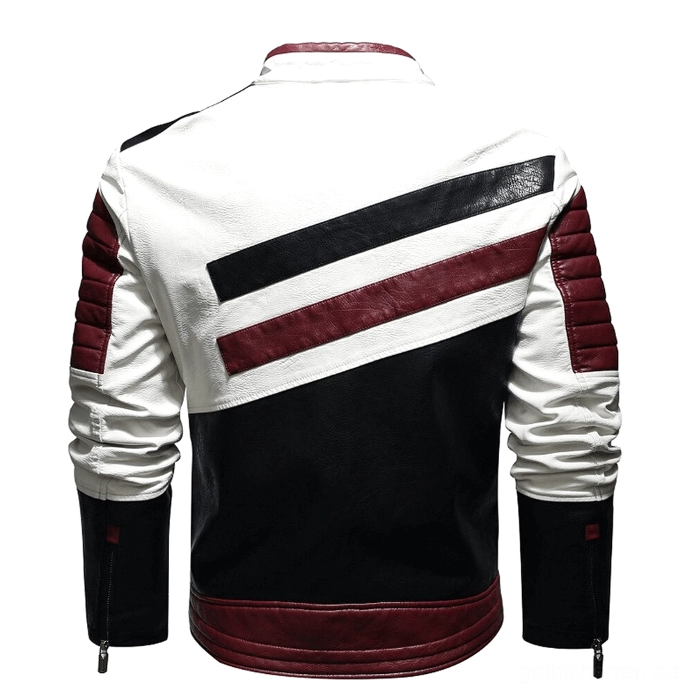 Rückansicht gothic PU-Motorradjacke mit gesteppten Leder-Akzenten, horizontalen Streifen-Details auf dem Back Panel und strukturiertem Saum