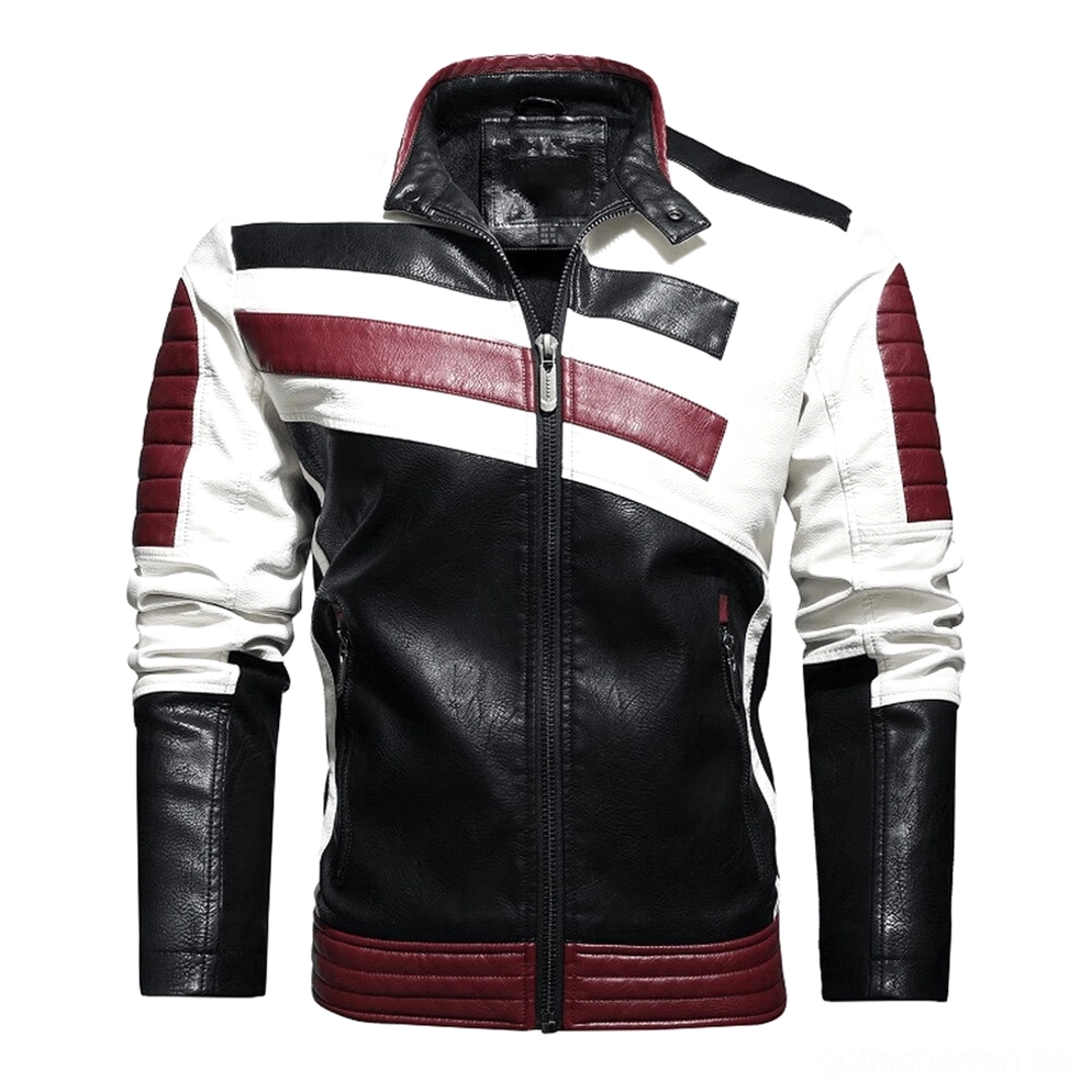 Gothic Farbblock Motorradjacke für Herren in Wine-Rot und Schwarz mit kontrastierenden PU-Leder-Paneelen, Frontansicht mit Metallreißverschluss und strukturiertem Kragen