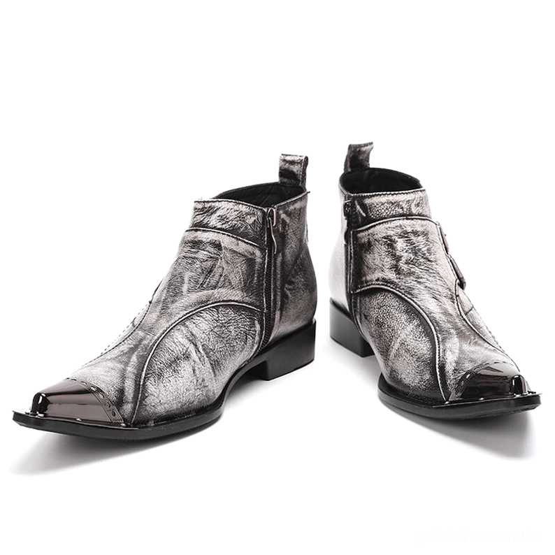 Herrenstiefel Gothic Stil grau mit seitlichem Reißverschluss und polierter Metallspitze, Mehransicht