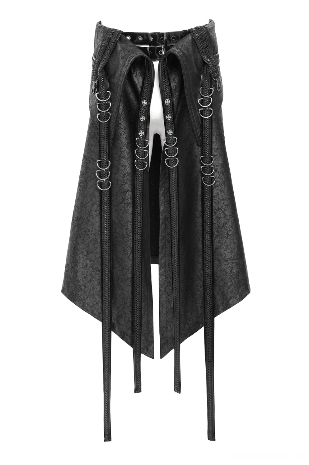 Flache vordere Ansicht des gotischen Rocks mit asymmetrischen schwarzen gesprungenen Stoffpaneelen und Metall-Ring-Hardware-Details