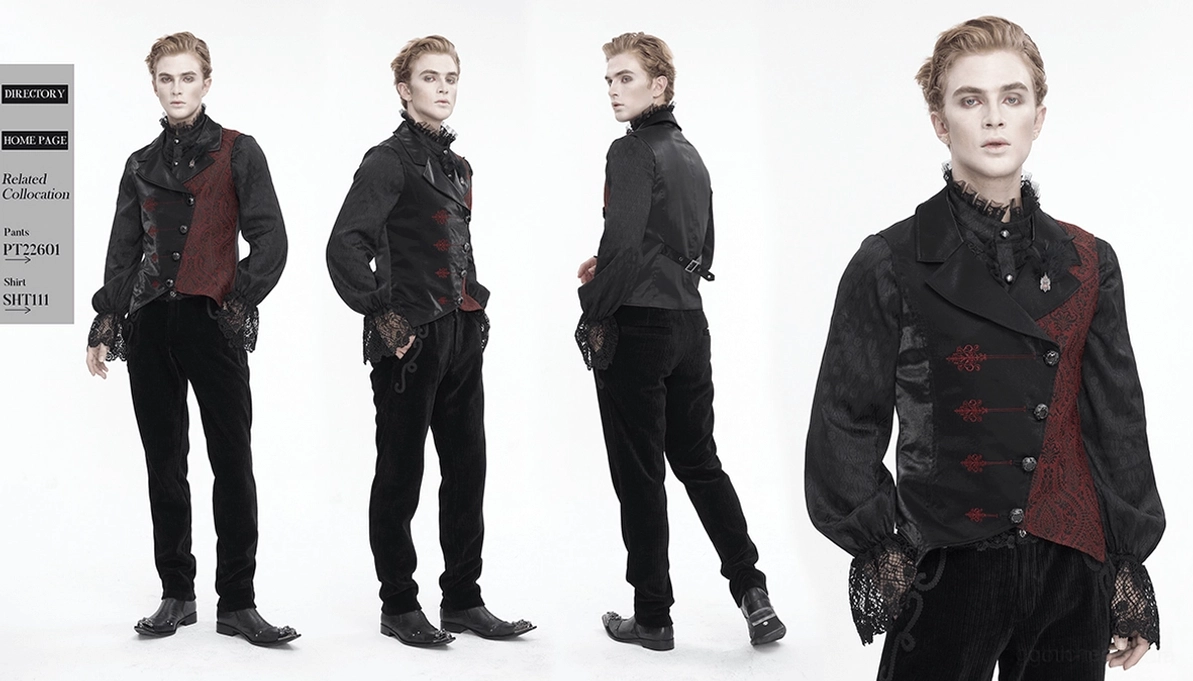 Komplettes Gothic Herrenweste Ensemble mit rotem Paisley und schwarzem Satin Kontrast-Showcase