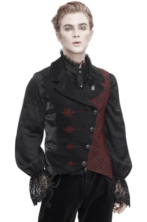 Schwarze Weinrot Gothic Weste mit Paisley-Stickerei und Spitzenkrause am Modell von vorne