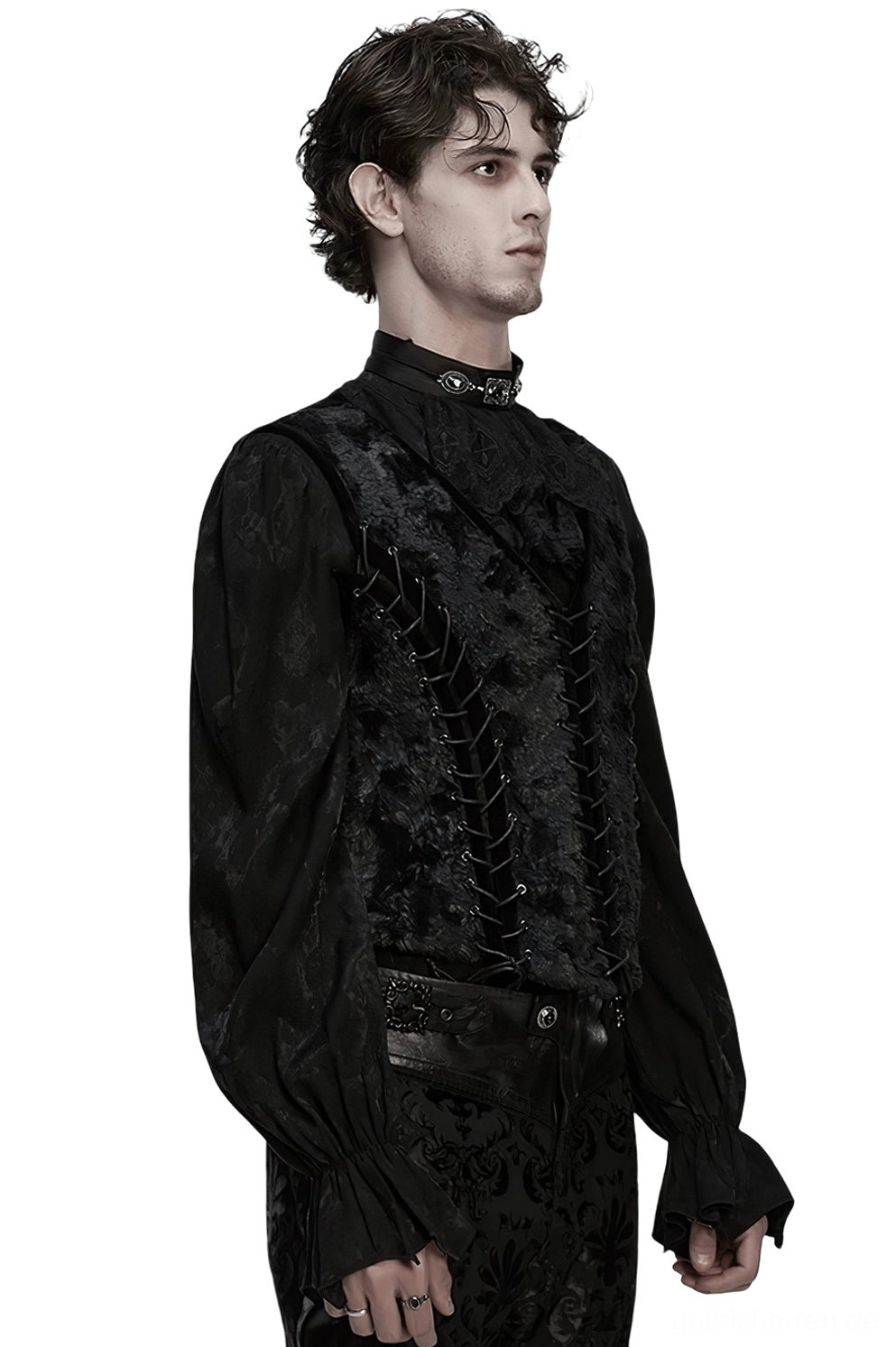 Gothic Herren Korsageweste, Seitenansicht Profil mit formaler schwarzer Hose, elegante Seitensilhouette