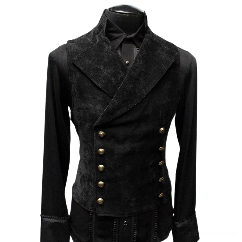 Schwarze Herren Gothic Wildleder Doppelreiher Anzugweste mit Spitzrevers und Messingknöpfen, Slim-Fit Design Frontansicht