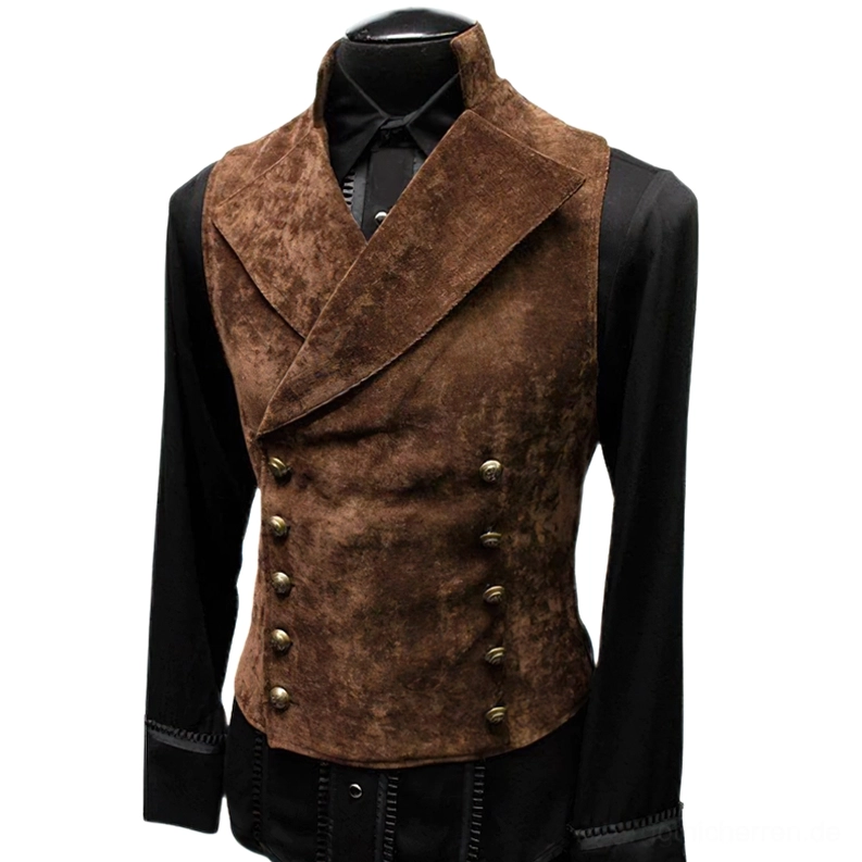Karamellbraunes Wildleder Gothic Herren Weste mit Spitzrevers, Slim-Fit Architektur, professionelles formales Wear Styling Frontansicht