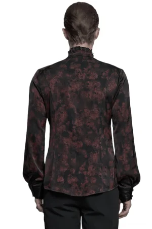 Gothic-Herrenhemd Rückansicht mit strukturierten Schultern, dunklem Blumendamast-Muster, Ledermanschetten mit Totenkopf-Knöpfen und verlängertem Saum