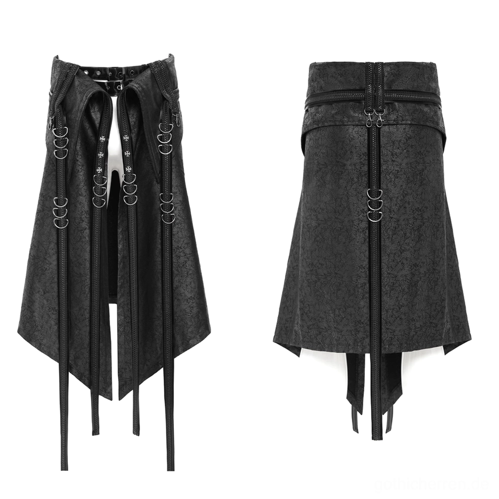 Flache vordere Ansicht des schwarzen gotischen mehrschichtigen Strap-Rocks mit offenem Vorderdesign, Metall-Ringen und langen hängenden Riemen auf weißem Hintergrund